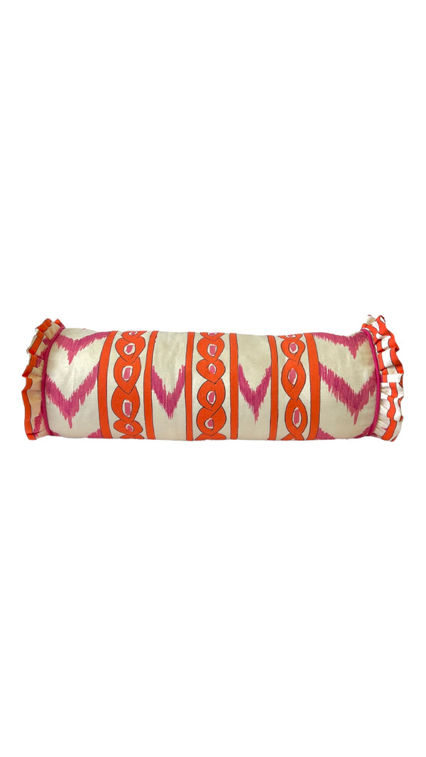 BON-BON Bloster cushions - ‘Moira M’ Clementine colourway/Fuchsia piping