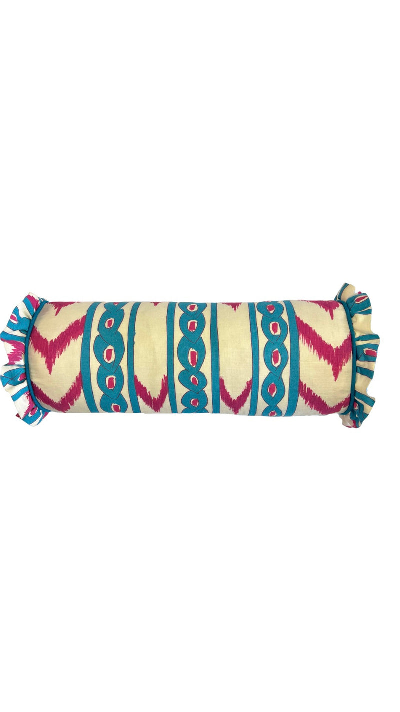 BON-BON Bolster cushions - ‘Moira M’ Magenta colourway/Turquoise piping