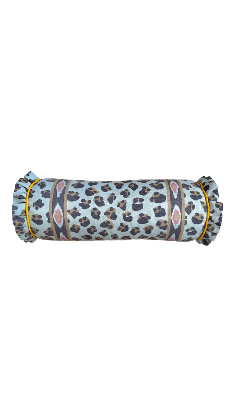 BON-BON Bolster cushions - ‘Bangy’ Jungle colourway/Sahara Yellow piping